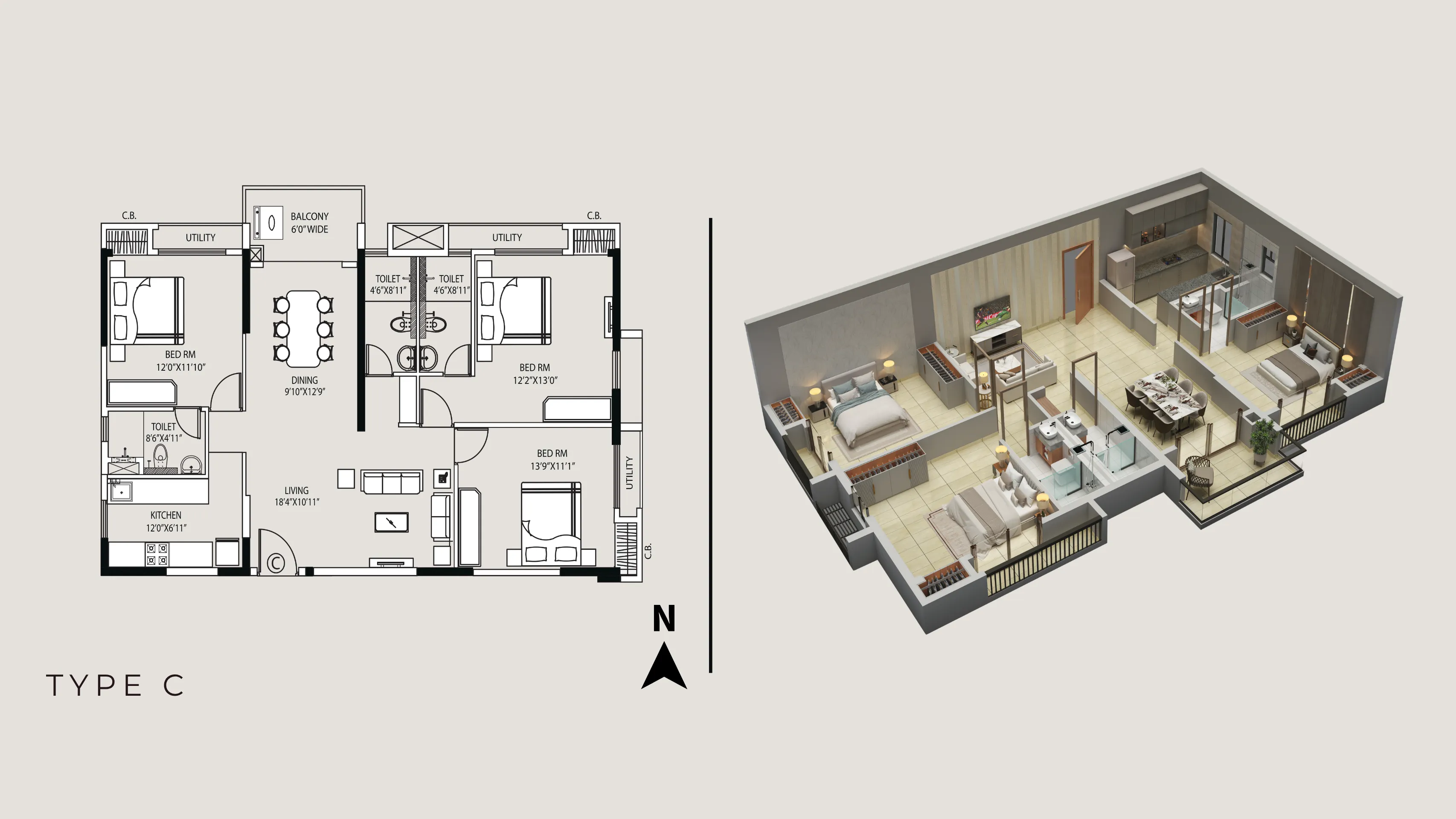 Tower 4 Type C 3 BHK floor plan with private terrace