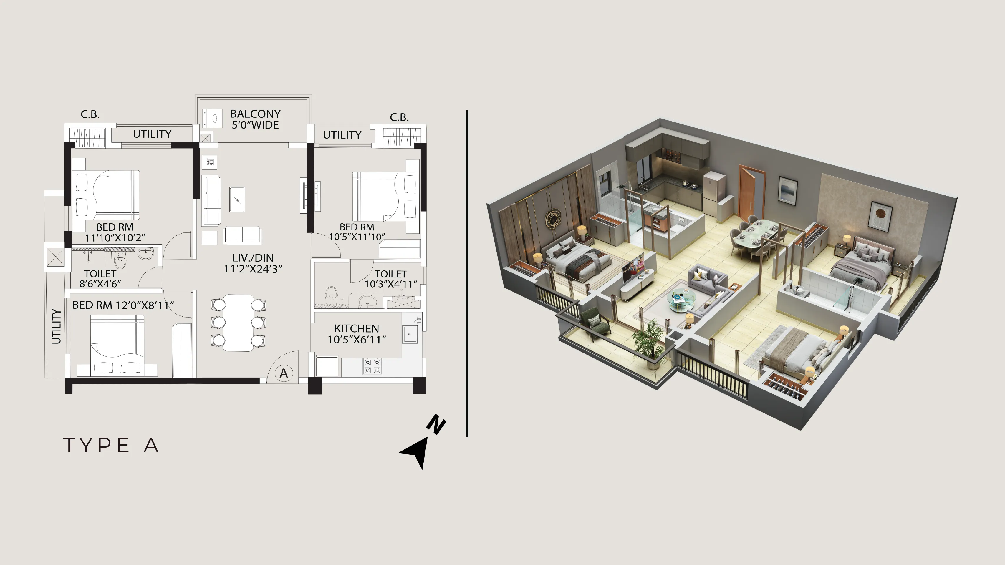 Tower 5 Type A 3 BHK floor plan with 3rd-floor private terrace