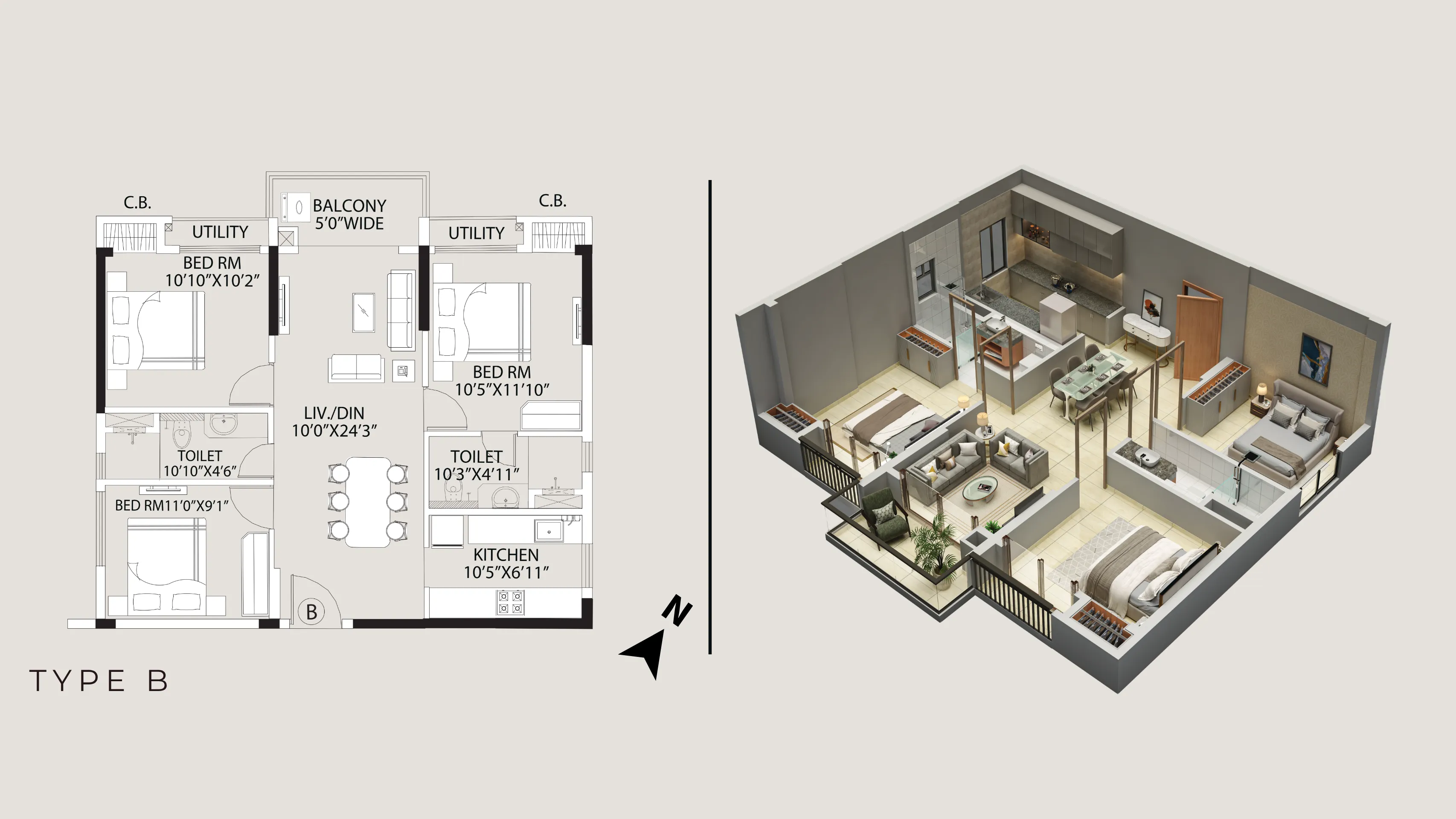 Tower 5 Type B 3 BHK floor plan with 3rd-floor private terrace
