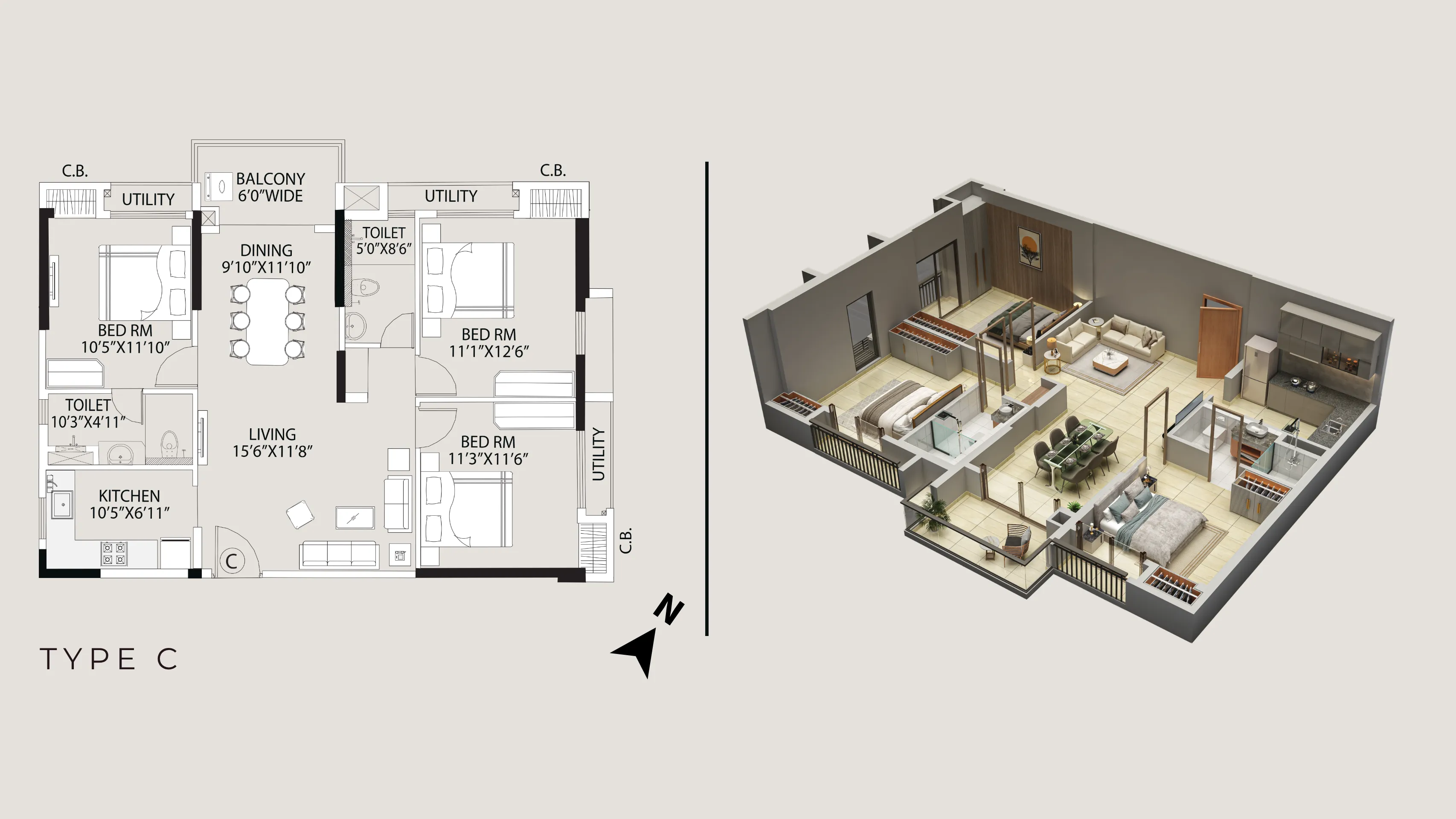 Tower 5 Type C 3 BHK floor plan with 3rd-floor private terrace