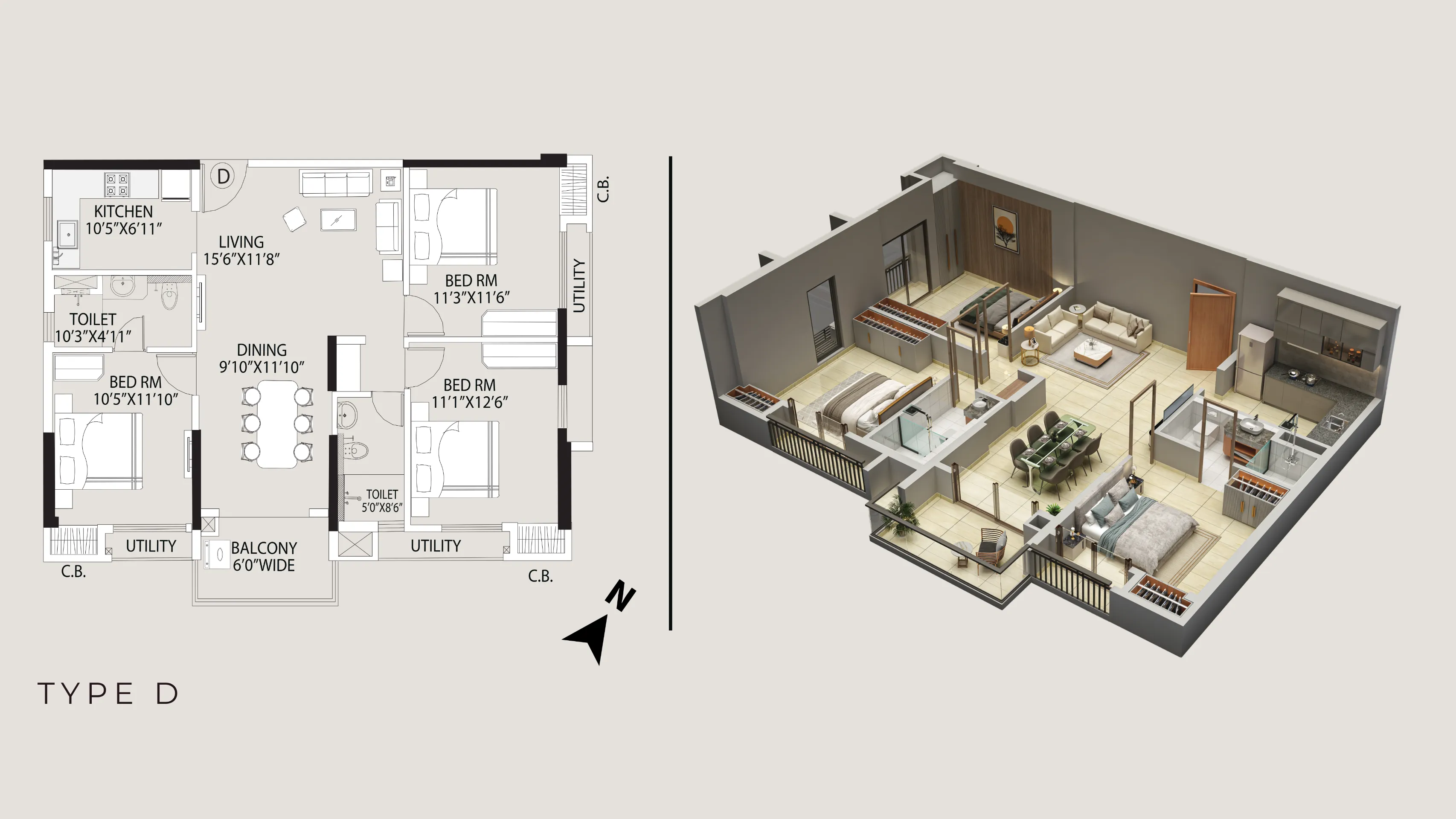 Tower 5 Type D 3 BHK floor plan with 3rd-floor private terrace