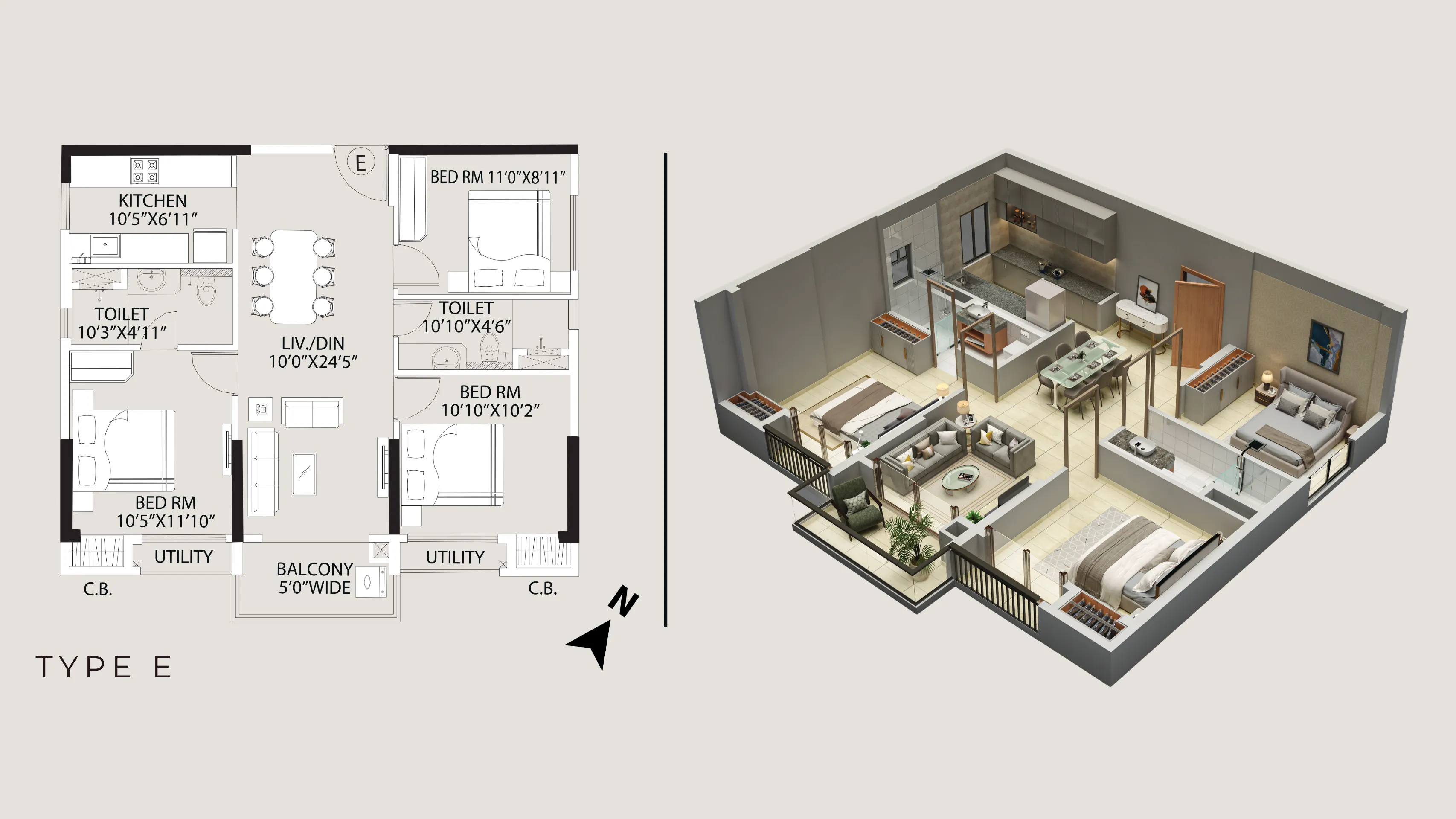 Tower 5 Type E 3 BHK floor plan with 3rd-floor private terrace