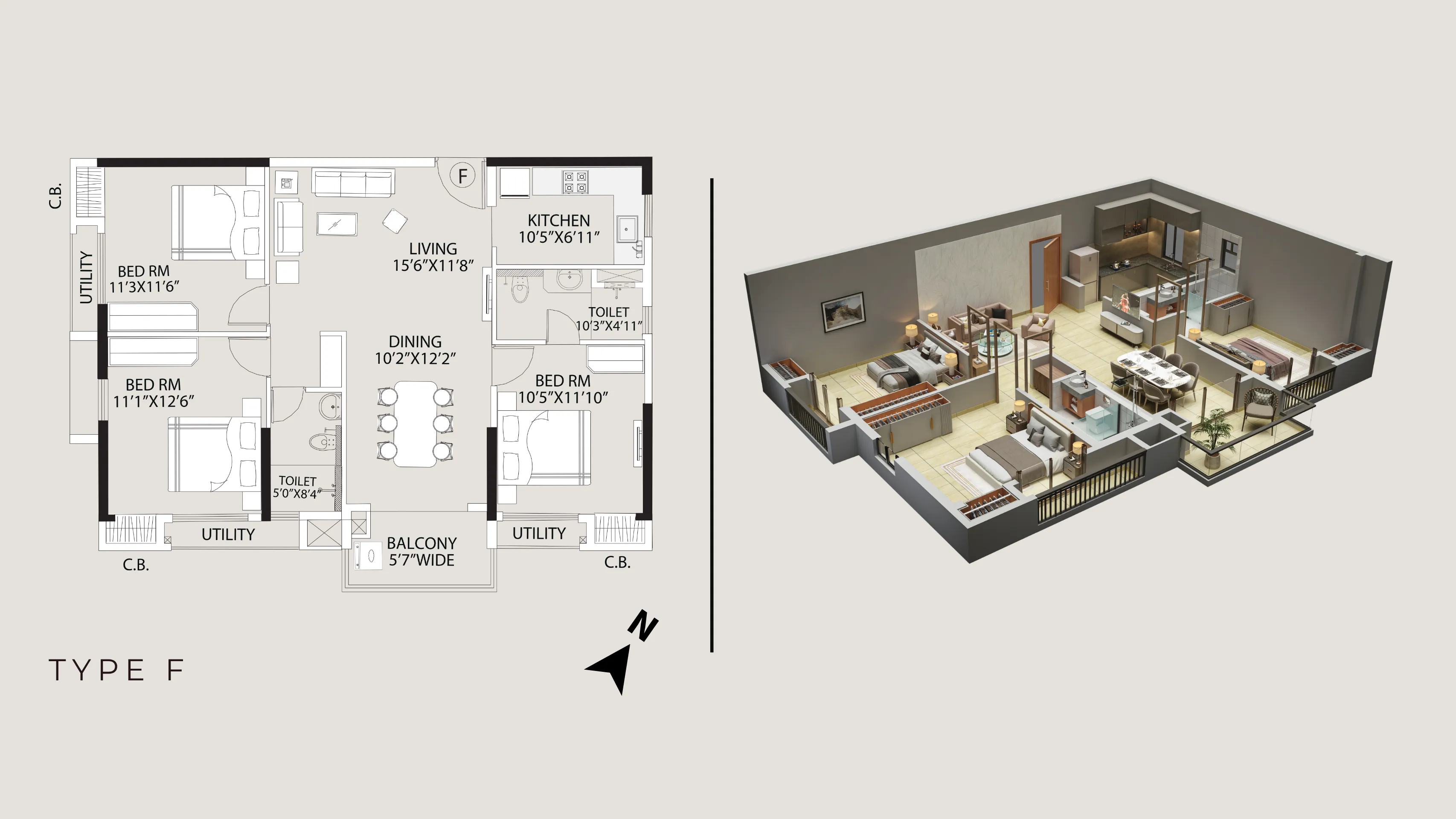 Tower 5 Type F 3 BHK floor plan with 3rd-floor private terrace